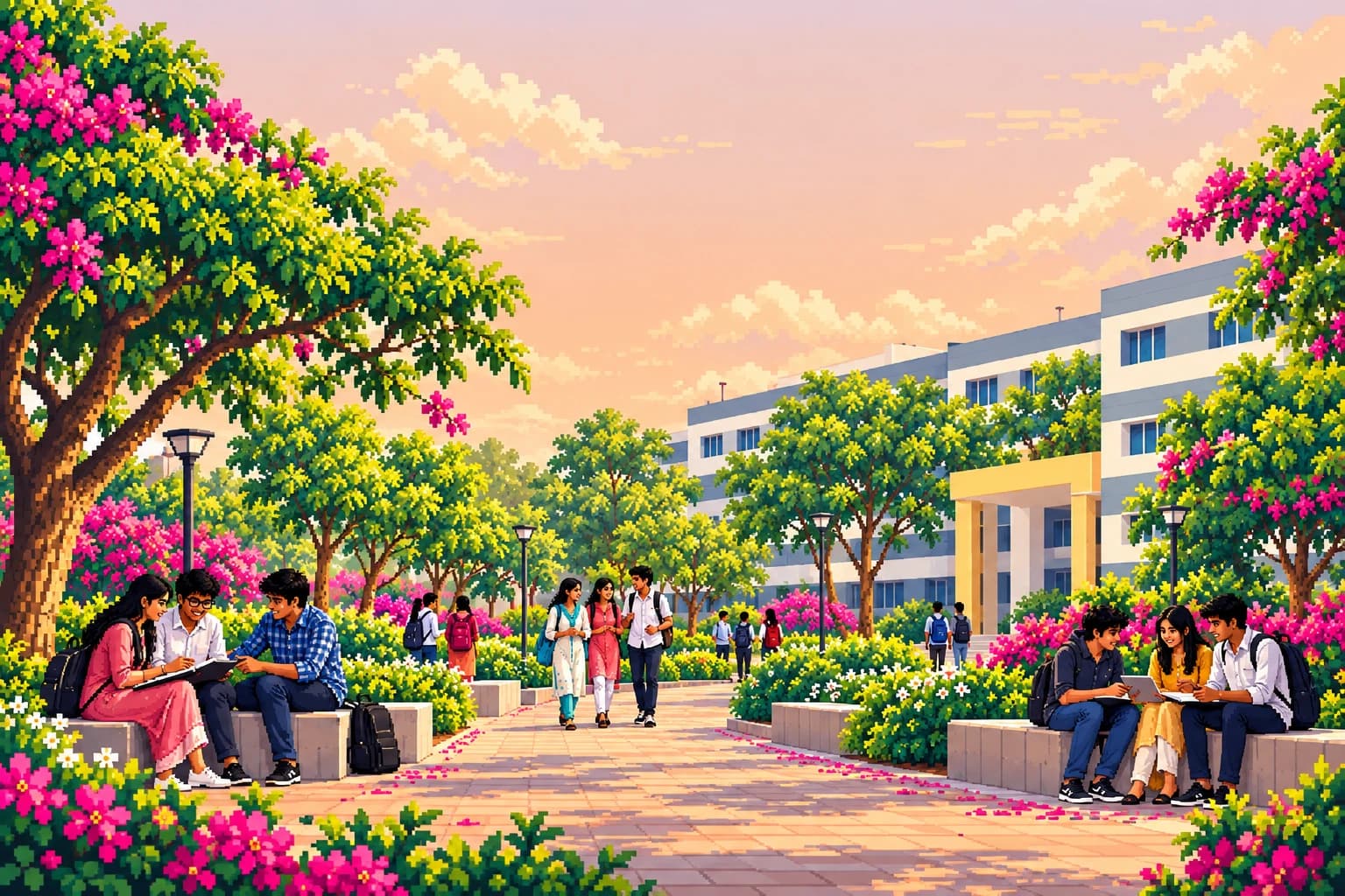Students planning together in a flowering campus garden in warm afternoon light