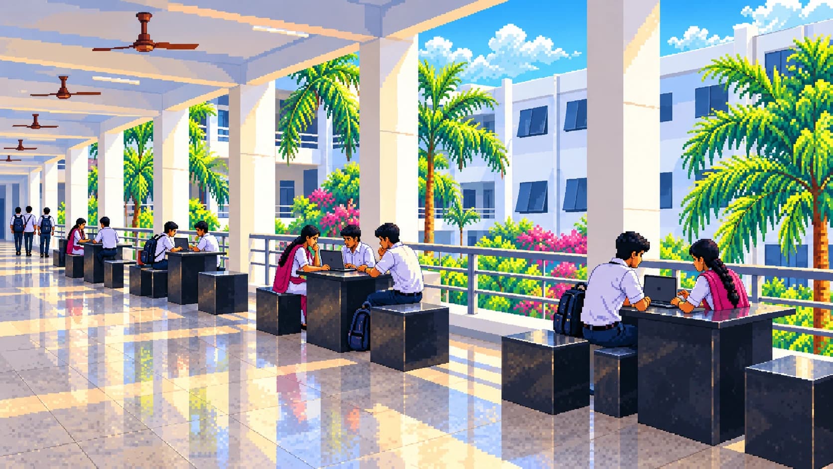 Students collaborating over laptops at the study tables along AAACET’s open palm-lined corridor