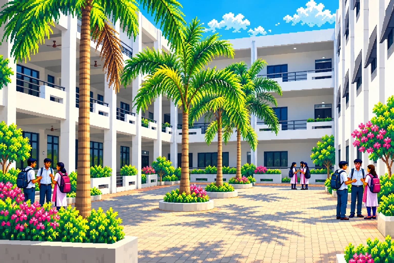 Students meeting in AAACET’s sunny palm-filled inner courtyard surrounded by white open galleries