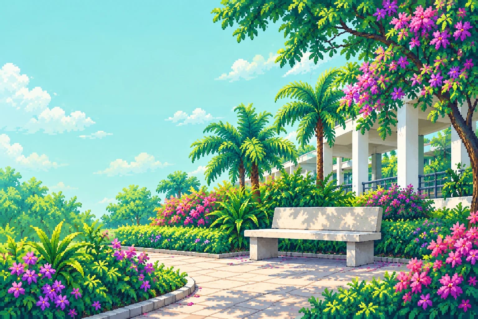 A quiet stone bench under palms and bougainvillea beside an open college corridor