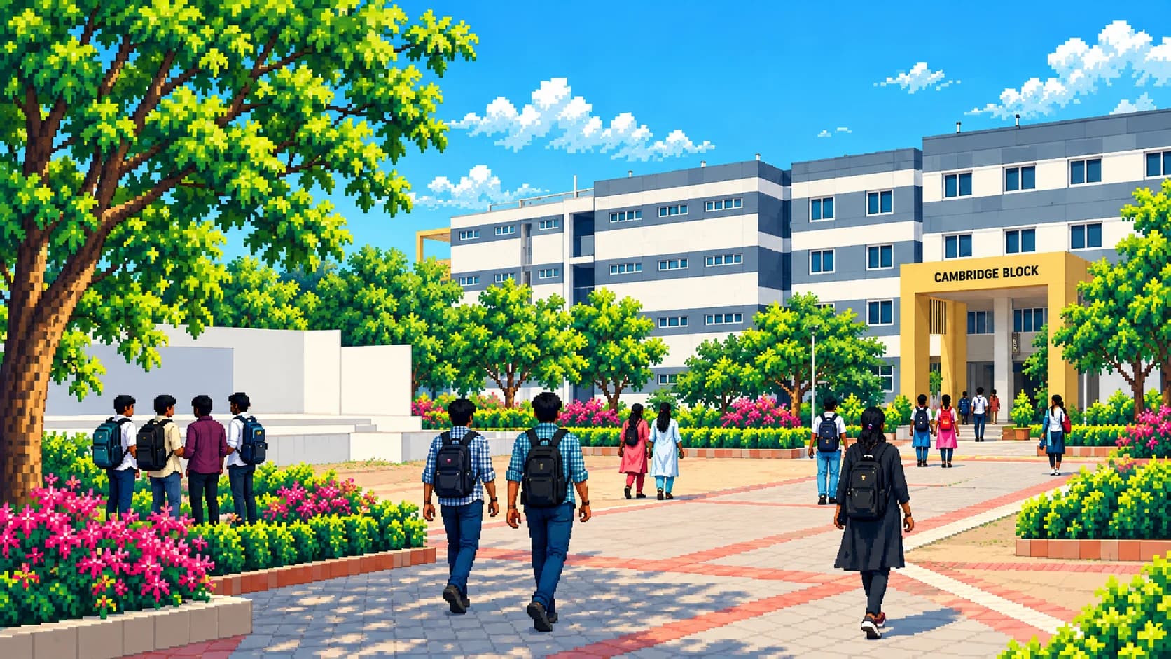 Pixel-art students approaching the yellow entrance of Cambridge Block, with its grey and white facade